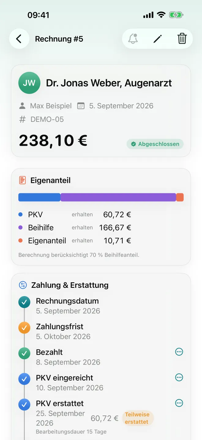 Rechnung mit Aufteilung auf PKV, Beihilfe und Eigenanteil