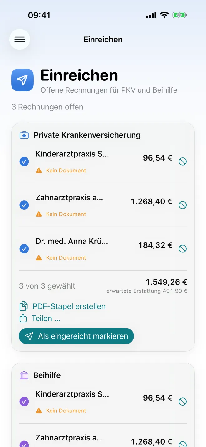 Offene Rechnungen zum Einreichen bei PKV und Beihilfe