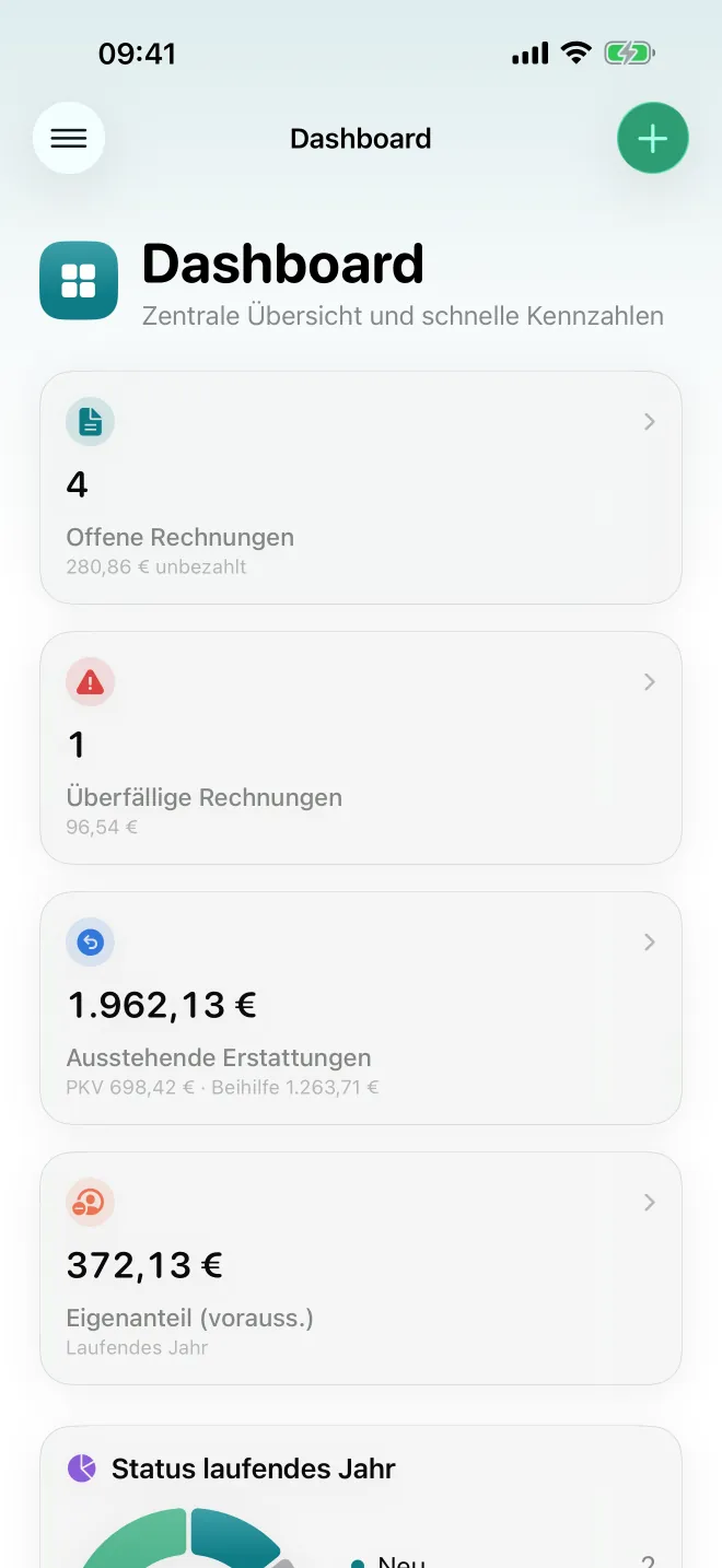 Dashboard mit offenen Rechnungen, ausstehenden Erstattungen und Eigenanteil