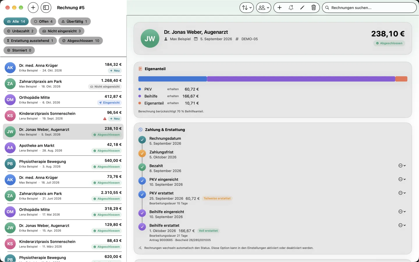 Rechnungsliste und Rechnung mit Aufteilung in der Mac-App