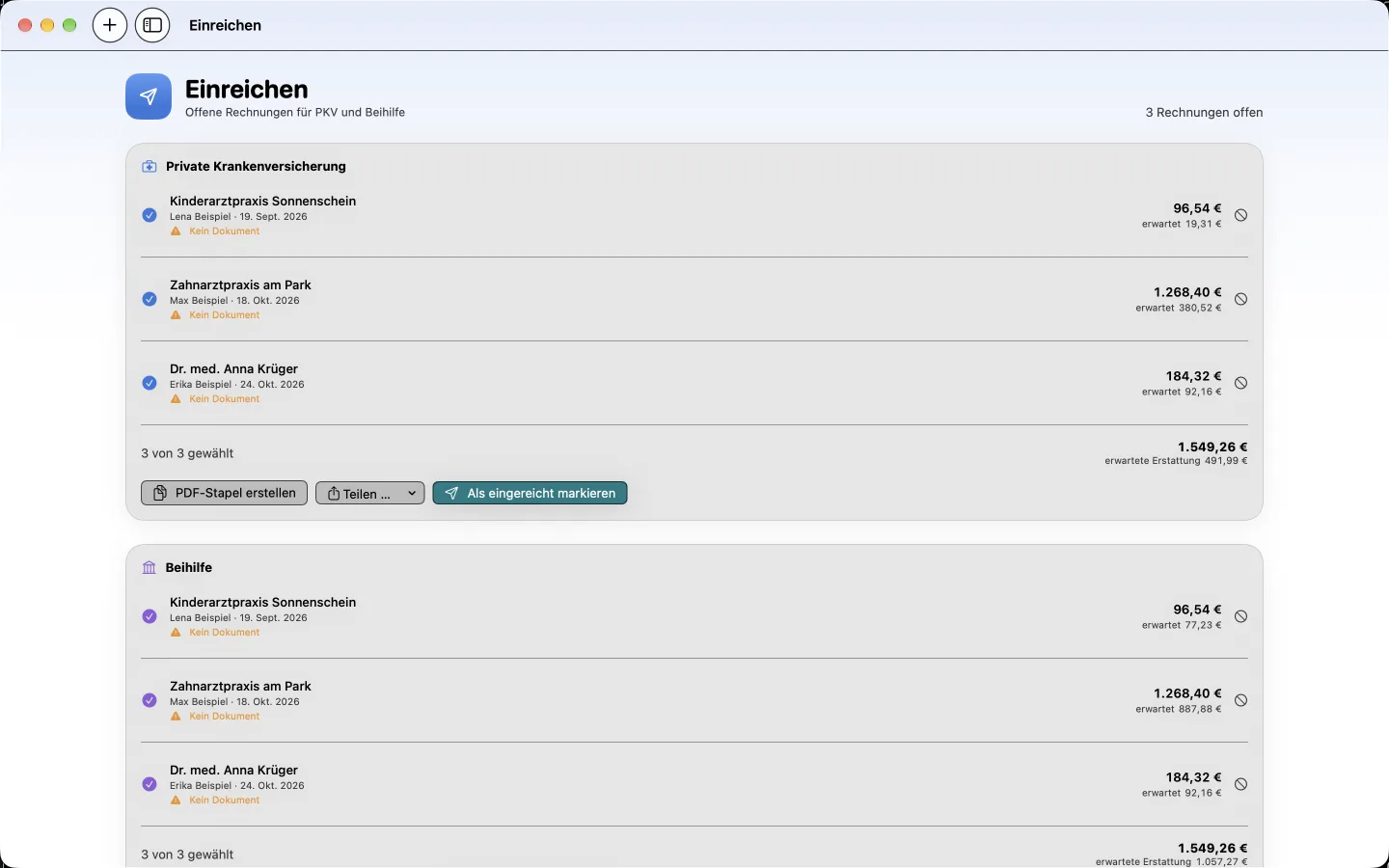 Rechnungen zum Einreichen in der Mac-App