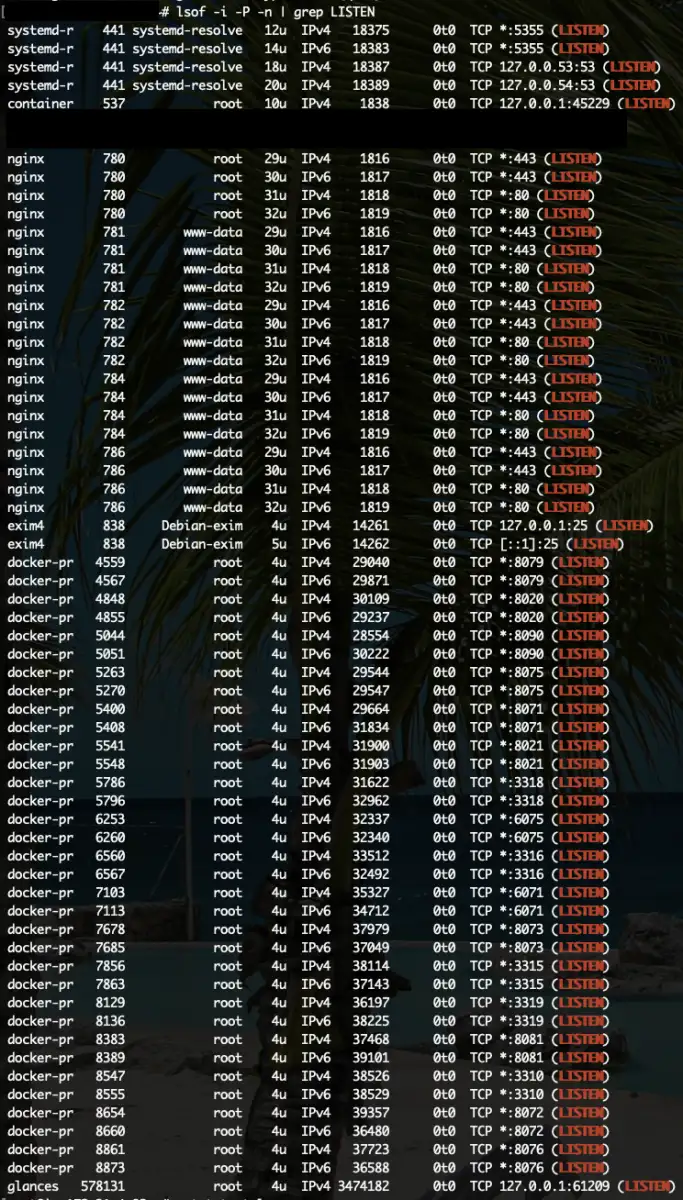 Show used ports in Linux with lsof - listening ports in the terminal